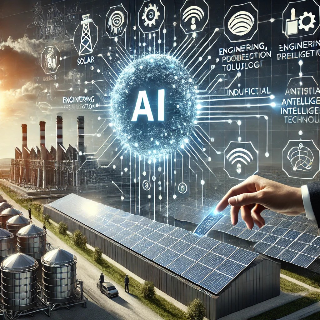 DALLE 2024 10 02 14.31.50 A professional B2B illustration showing the integration of solar energy solutions with cutting edge artificial intelligence technology for industrial 